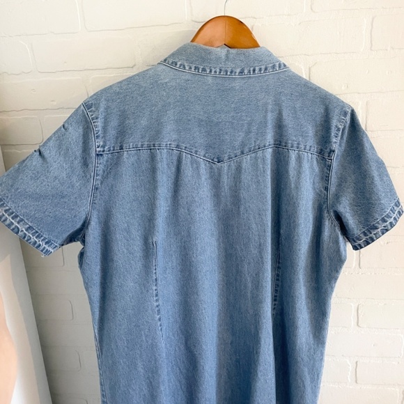 Vintage Mini Shirt Dress Snap down Denim Jean Light wash Embroidery Western XL - Picture 11 of 15